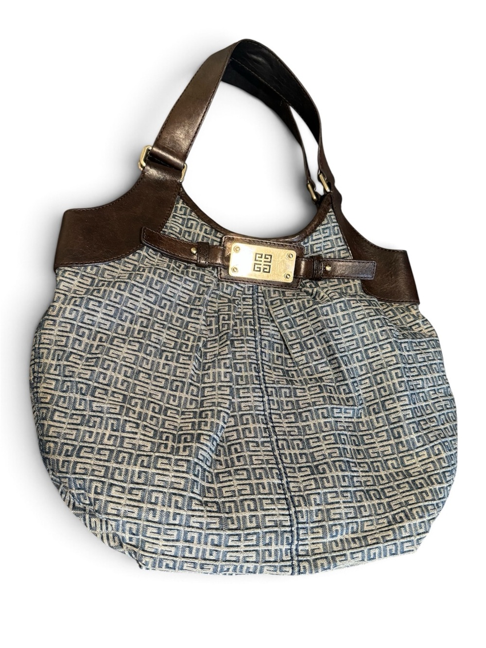 Givenchy Blue Patterned Canvas Shoulder Hobo with Brown Leather Trim